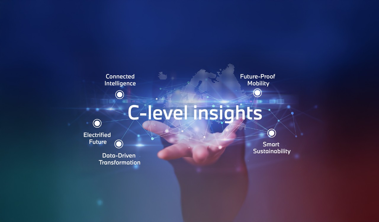 A digital network interface highlights key executive topics such as connected intelligence, electrified future, data-driven transformation, future-proof mobility, and smart sustainability, visualized above an outstretched hand.