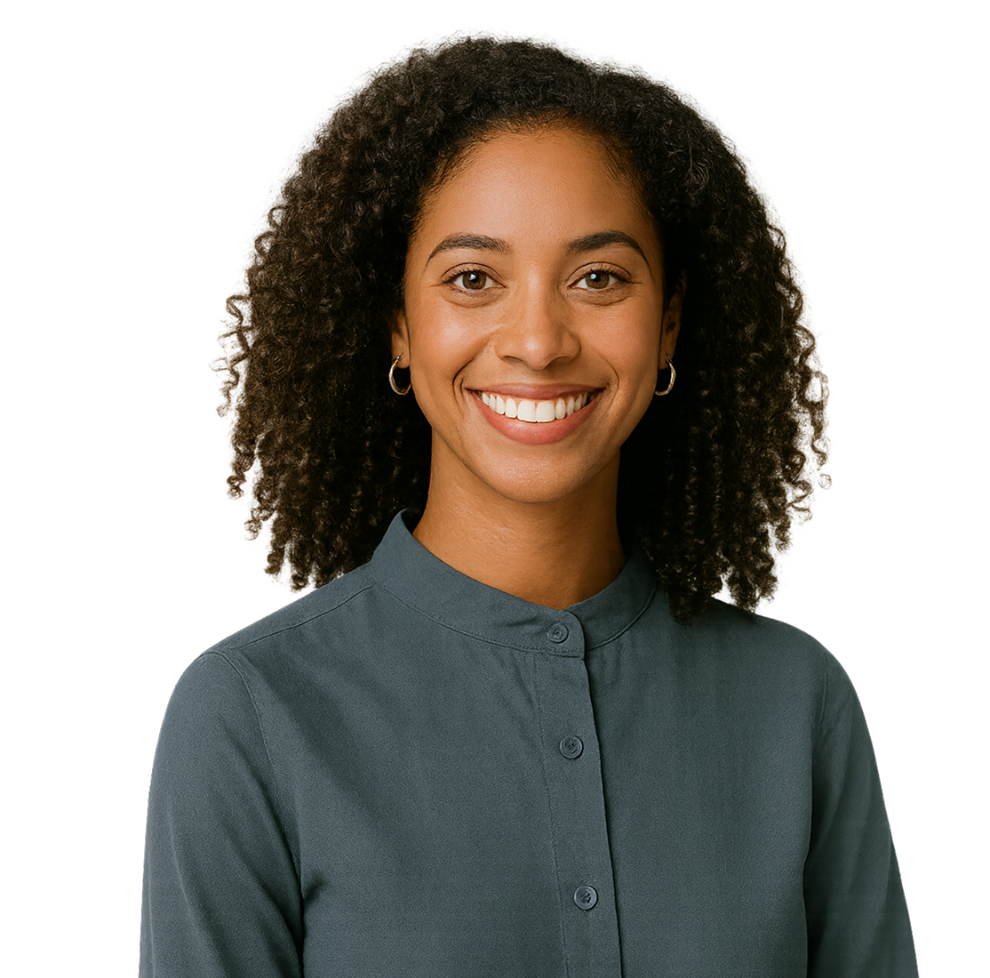 Description: A woman in light blue shirt stands with arms crossed, conveying professionalism and confidence.